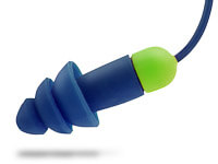 Ein blau-grüner Ohrstöpsel mit Verbindungsband.