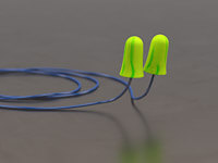 Grüner Gehörschutz mit blauem Verbindungsband.