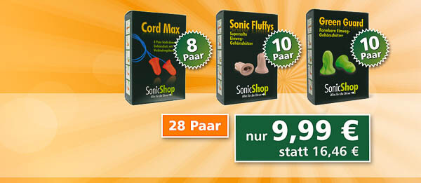 Jeweils eine Packung Cord Max, Fluffys und Green Guard vor orangenem Hintergrund.