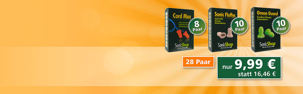 Jeweils eine Packung Cord Max, Fluffys und Green Guard vor orangenem Hintergrund.