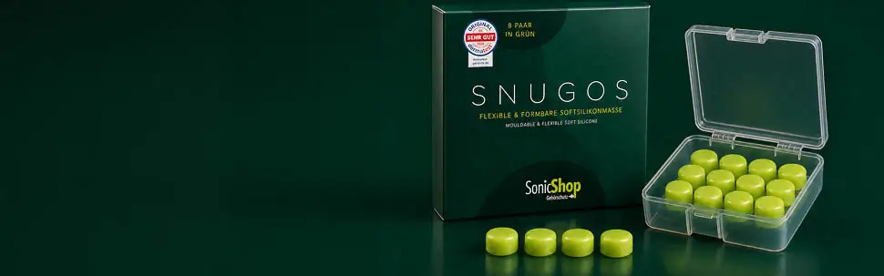Hellgrüne Snugos Softsilikon-Ohrstöpsel neben der transparenten Verpackung