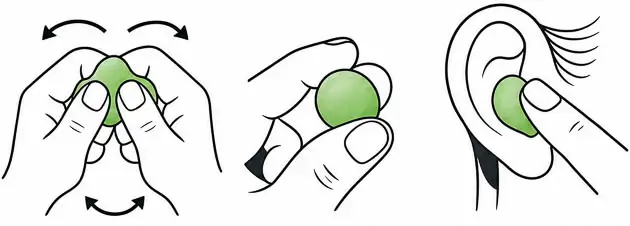Eine dreiteilige Illustration zeigt die Anwendung der Snugos Ohrstöpsel: Das weiche Silikon wird geknetet, zu einer Kugel geformt und dann sanft von außen an die Ohrmuschel gedrückt.
