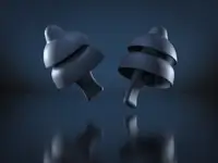 SweetDreams Nova – eleganter Schlaf-Ohrstöpsel mit SoftGrip Zwei dunkelgraue Ohrstöpsel mit Doppel-Lamellen vor dunkelblauem Hintergrund.