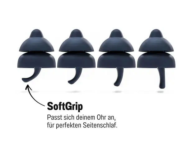 Vier dunkelgraue Ohrstöpsel mit weicher SoftGrip-Spitze und Text zur Anpassung für Seitenschläfer.