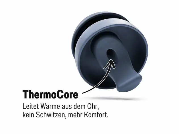 Nahaufnahme eines dunkelblauen Ohrstöpsels mit Text zur ThermoCore-Technologie für Wärmeableitung und Komfort.