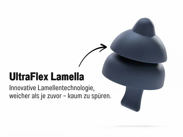 Nahaufnahme eines dunkelblauen Ohrstöpsels mit Beschriftung zur weichen UltraFlex-Lamellen-Technologie.